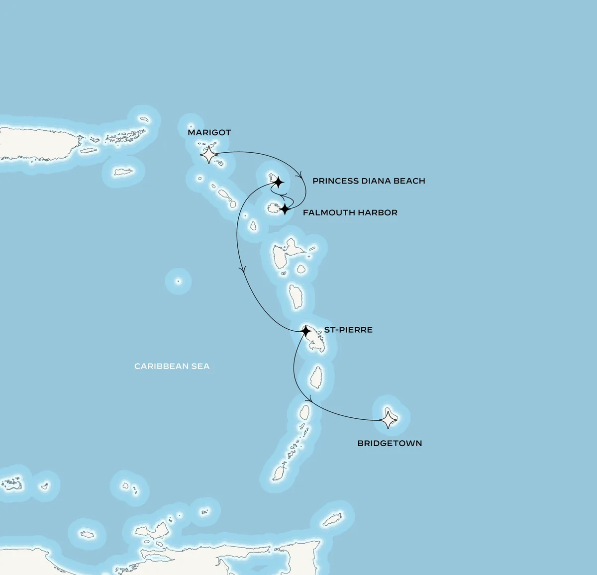Orient Express Corinthian route map from Marigot, Saint-Martin to Bridgetown, Barbados, December 1-5, 2026, voyage CO261201MARBGI