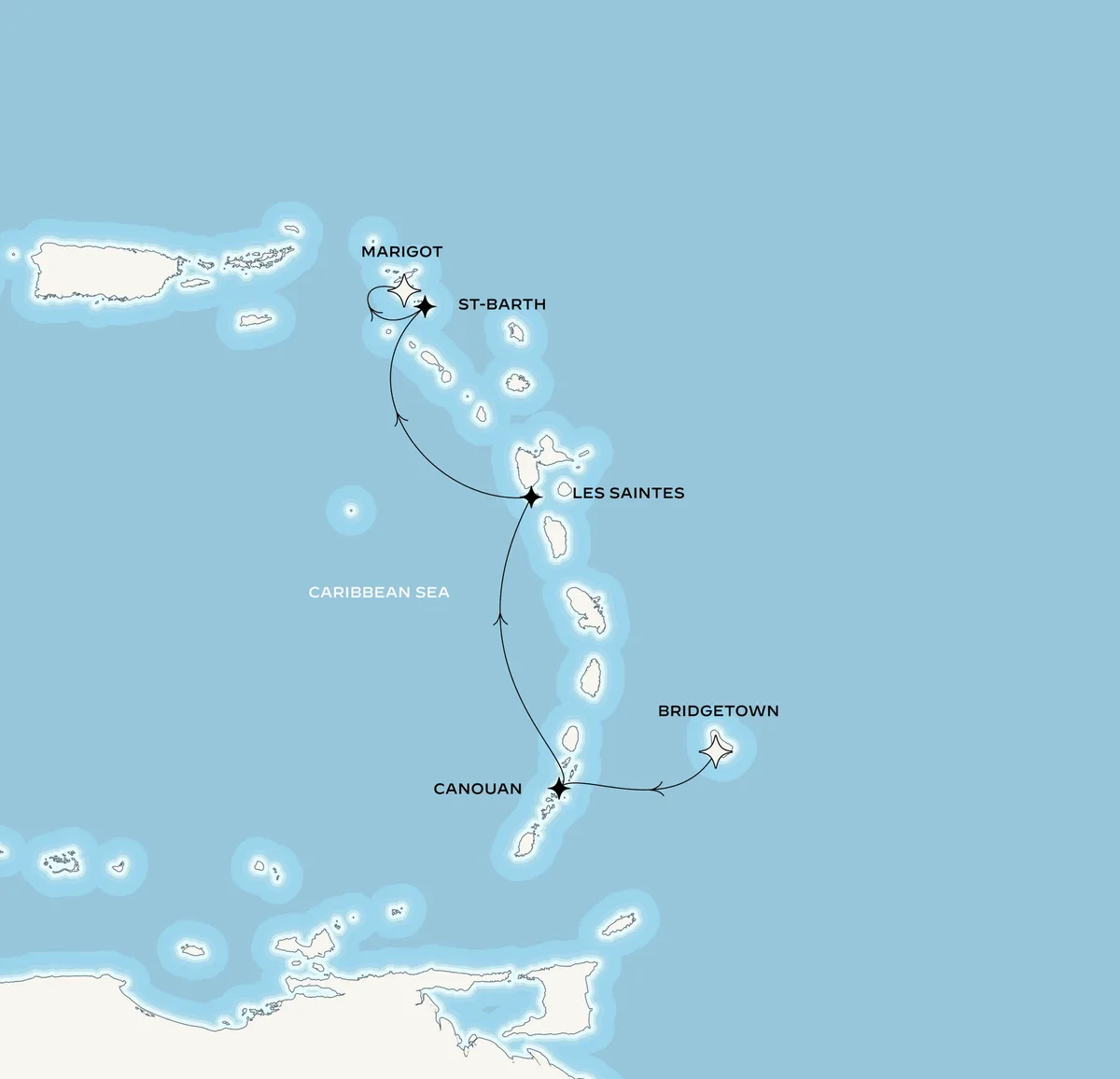 Orient Express Corinthian route map from Bridgetown, Barbados to Marigot, Saint-Martin, December 21-27, 2026, voyage CO261221BGIMAR