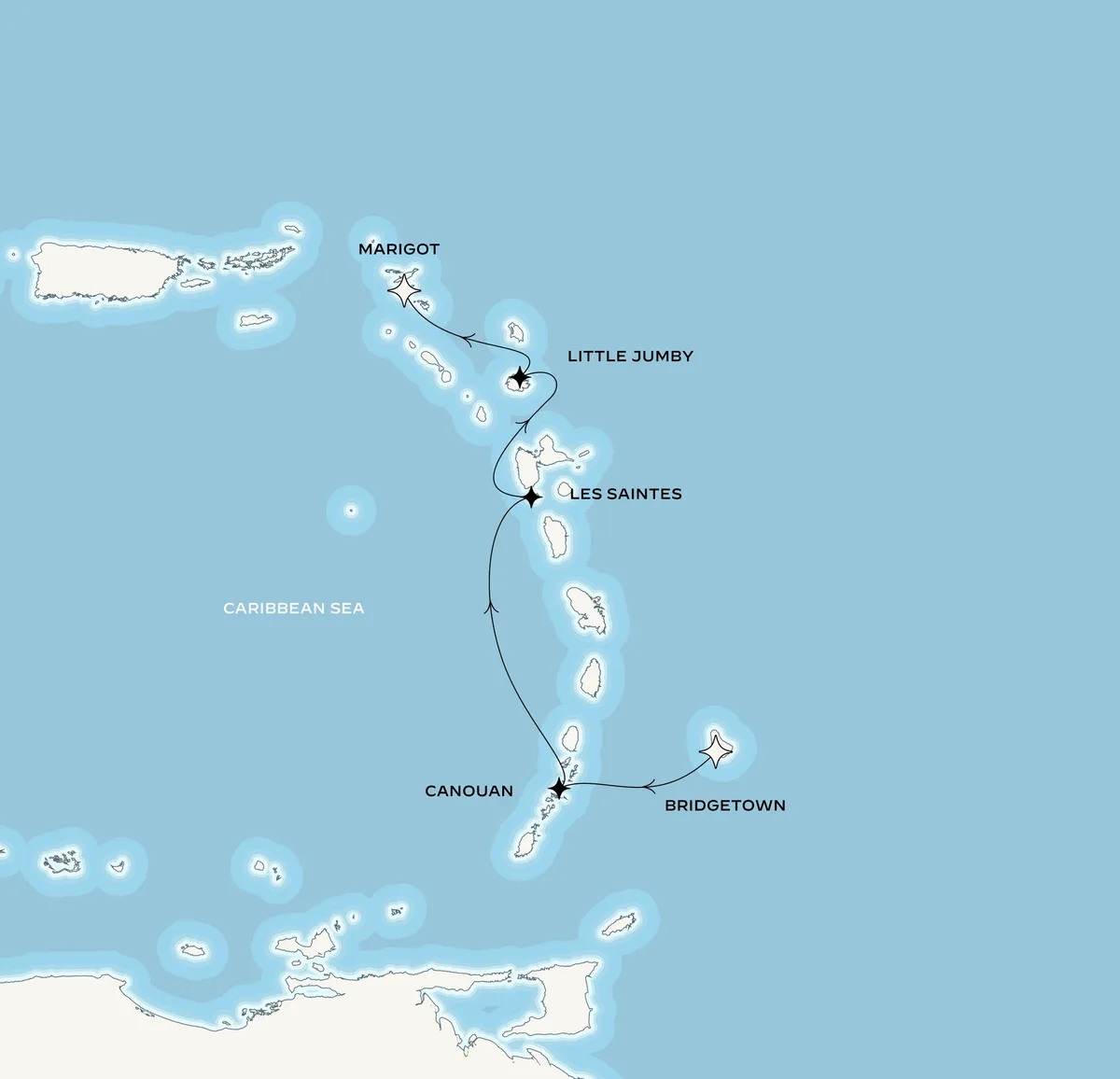 Orient Express Corinthian route map from Bridgetown, Barbados to Marigot, Saint-Martin, January 4-8, 2027, voyage CO270104BGIMAR