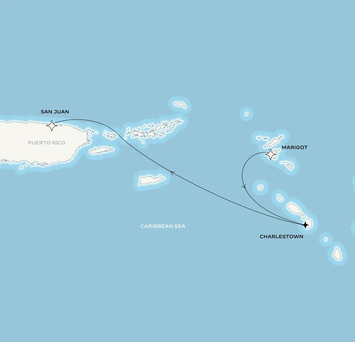 Orient Express Corinthian route map from Marigot, Saint-Martin to San Juan, Puerto Rico, January 8-11, 2027, voyage CO270108MARMAR