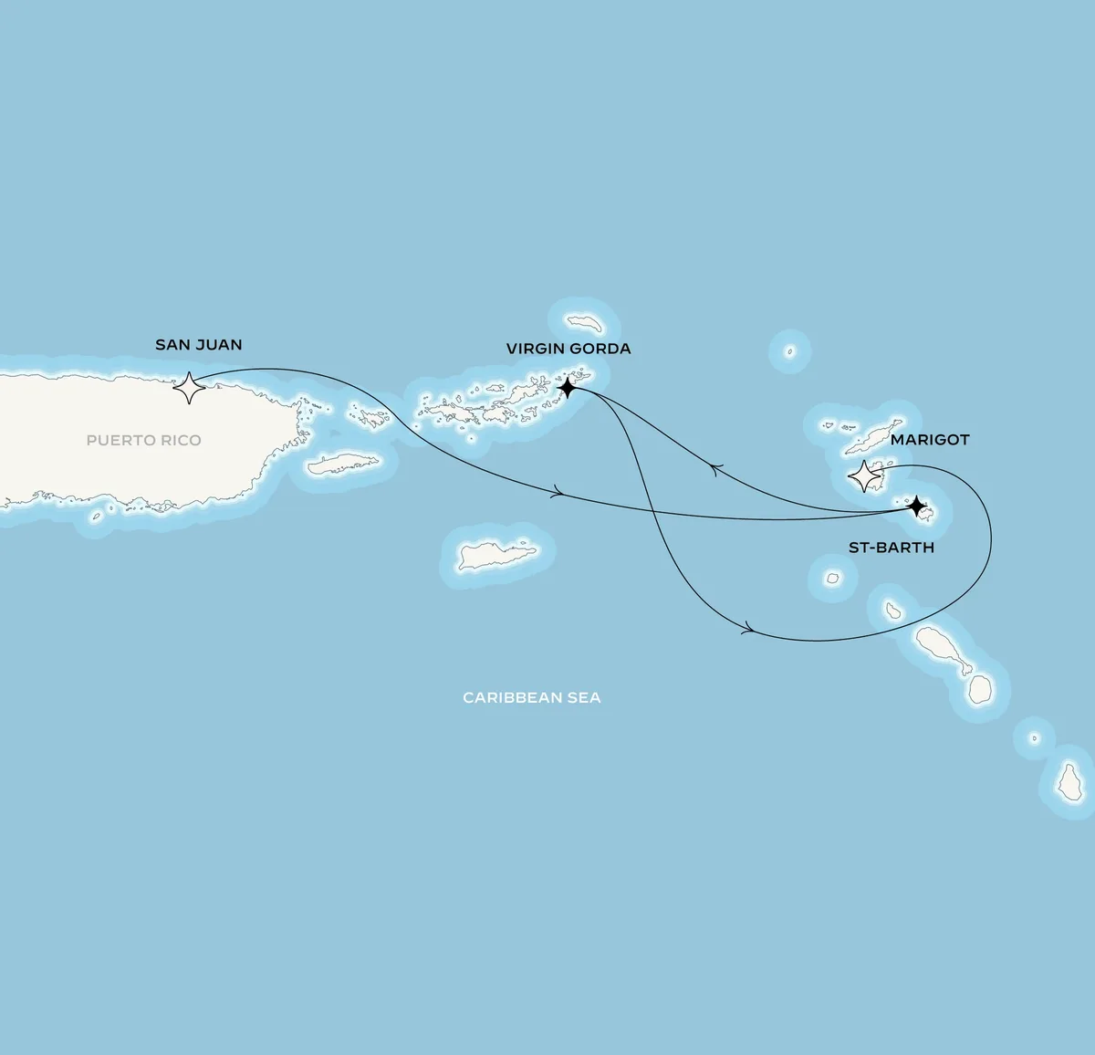 Orient Express Corinthian route map from San Juan, Puerto Rico to Marigot, Saint-Martin, January 11-15, 2027, voyage CO270111MARMAR