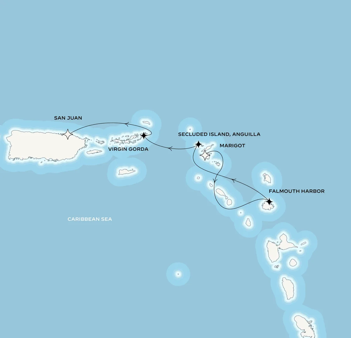 Orient Express Corinthian route map from Marigot, Saint-Martin to San Juan, Puerto Rico, January 20-25, 2027, voyage CO270120MARSJU