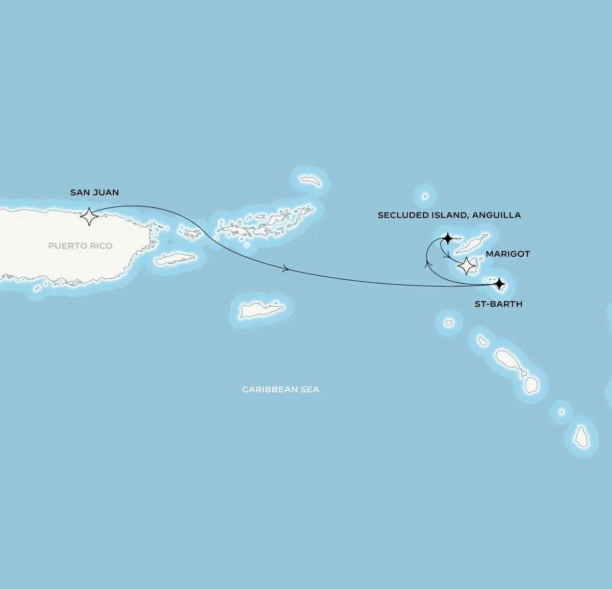 Orient Express Corinthian route map from San Juan, Puerto Rico to Marigot, Saint-Martin, January 25-28, 2027, voyage CO270125SJUMAR