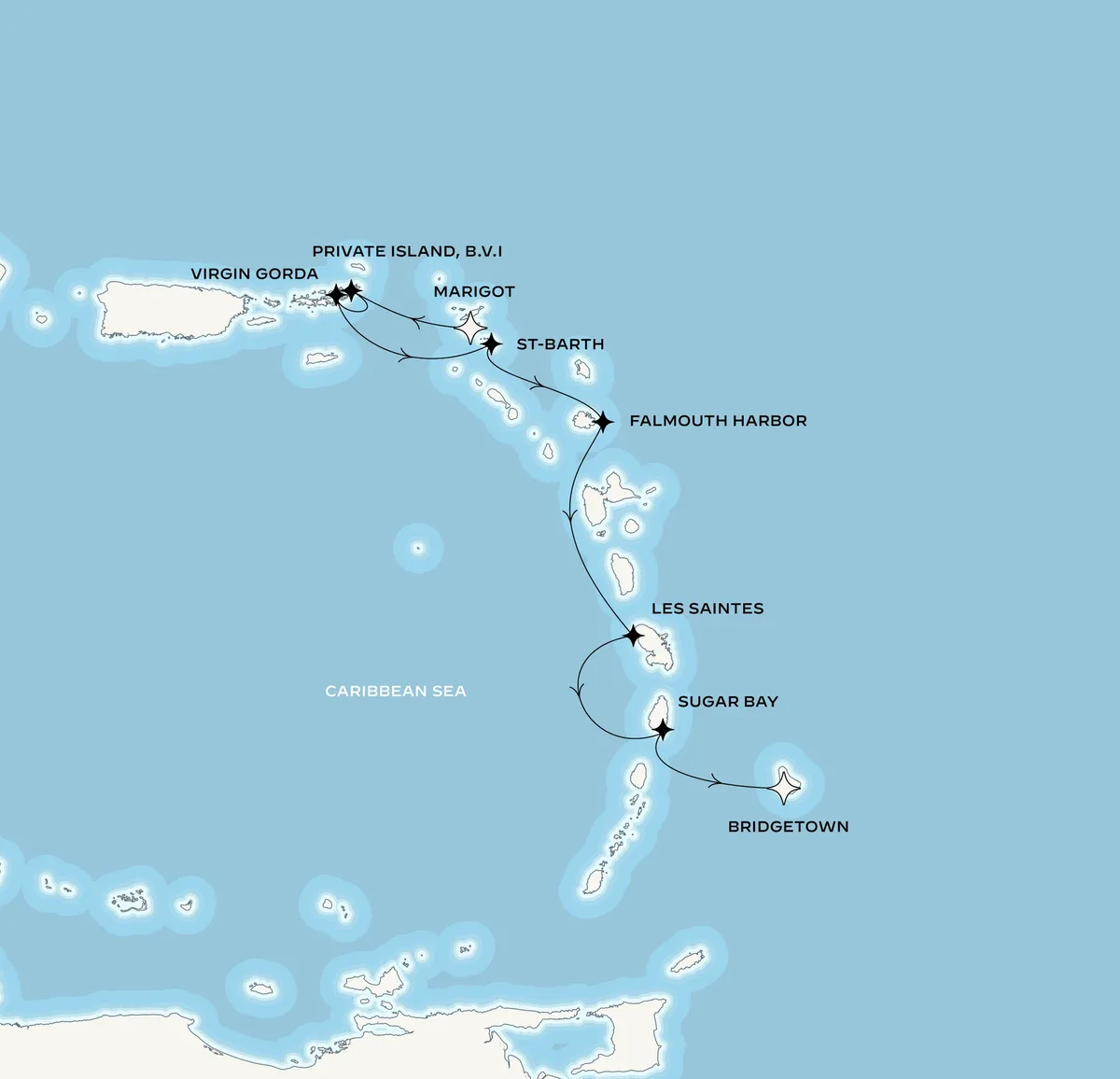 Orient Express Corinthian route map from Marigot, Saint-Martin to Bridgetown, Barbados, January 28-February 3, 2027, voyage CO270128MARBGI