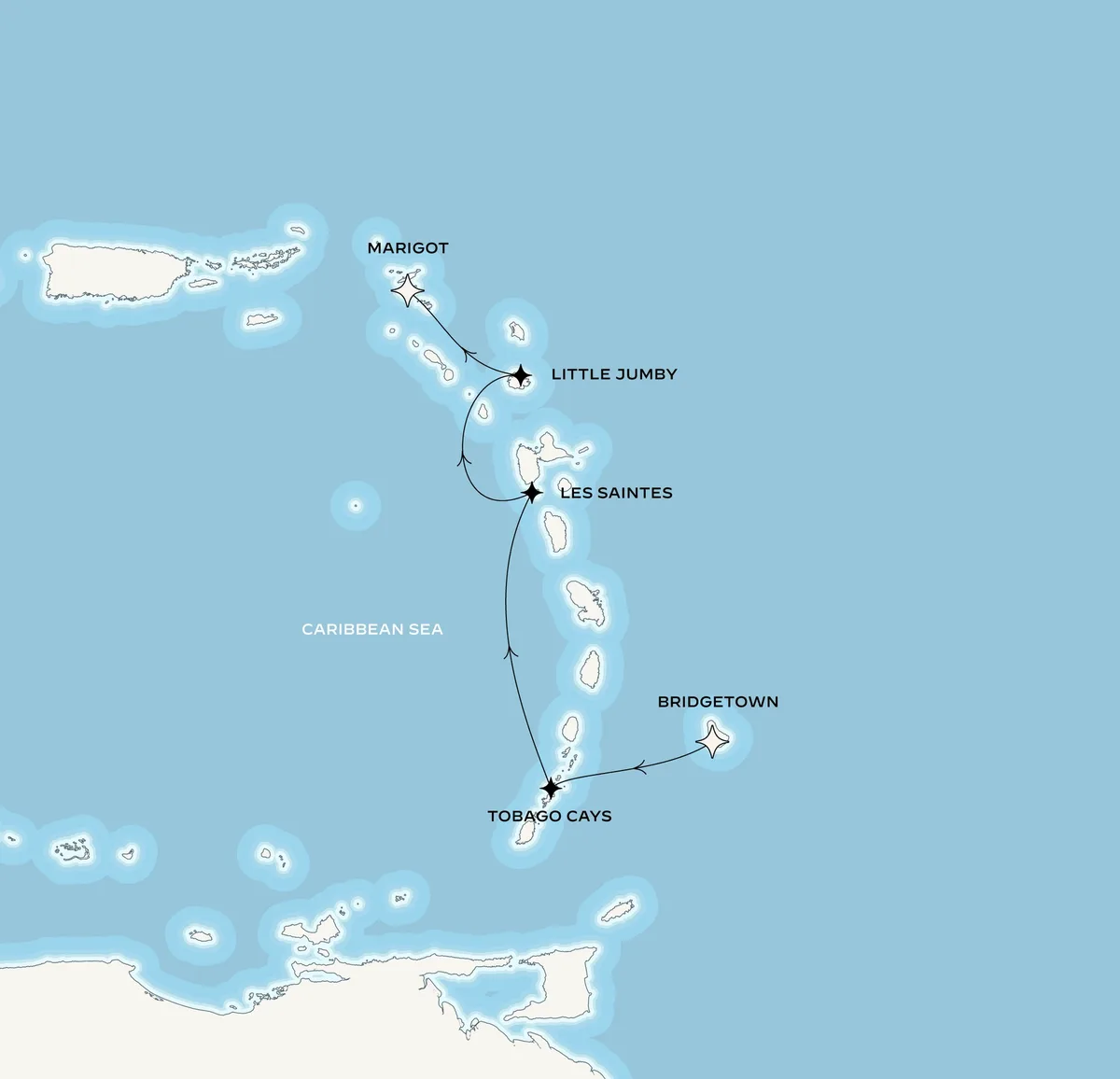 Orient Express Corinthian route map from Bridgetown, Barbados to Marigot, Saint-Martin, February 3-7, 2027, voyage CO270203BGIMAR