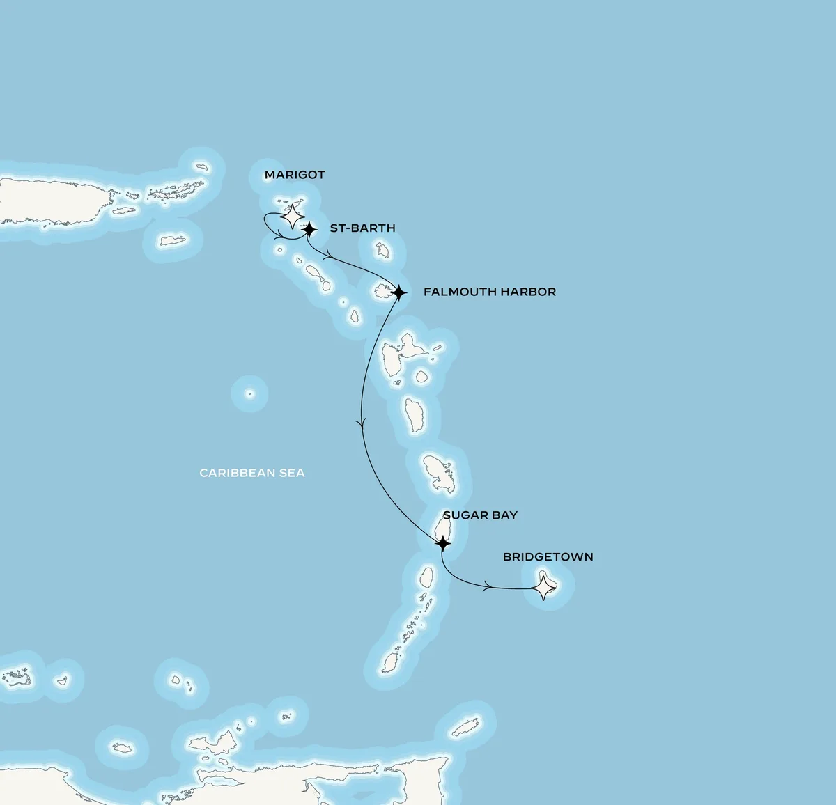 Orient Express Corinthian route map from Marigot, Saint-Martin to Bridgetown, Barbados, February 10-14, 2027, voyage CO270210MARBGI