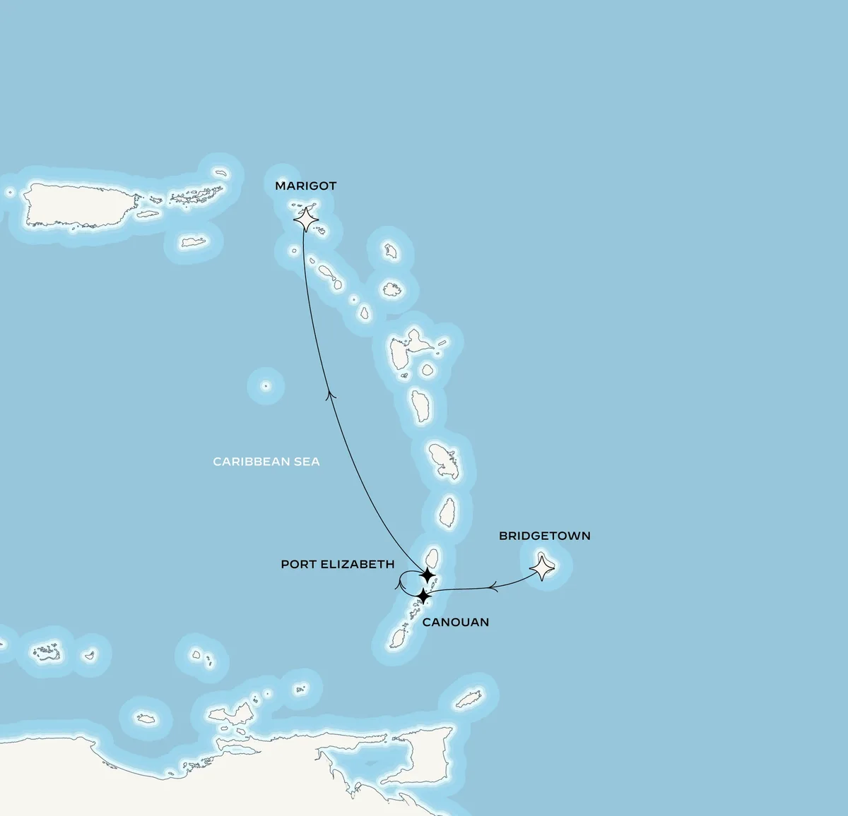Orient Express Corinthian route map from Bridgetown, Barbados to Marigot, Saint-Martin, February 14-18, 2027, voyage CO270214BGIMAR