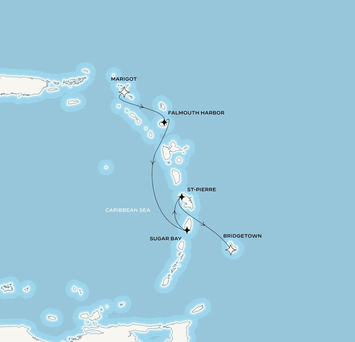 Orient Express Corinthian route map from Marigot, Saint-Martin to Bridgetown, Barbados, February 18-22, 2027, voyage CO270218MARBGI