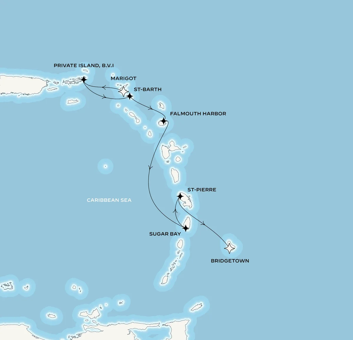 Orient Express Corinthian route map from Bridgetown, Barbados to Marigot, Saint-Martin, February 22-26, 2027, voyage CO270222BGIMAR