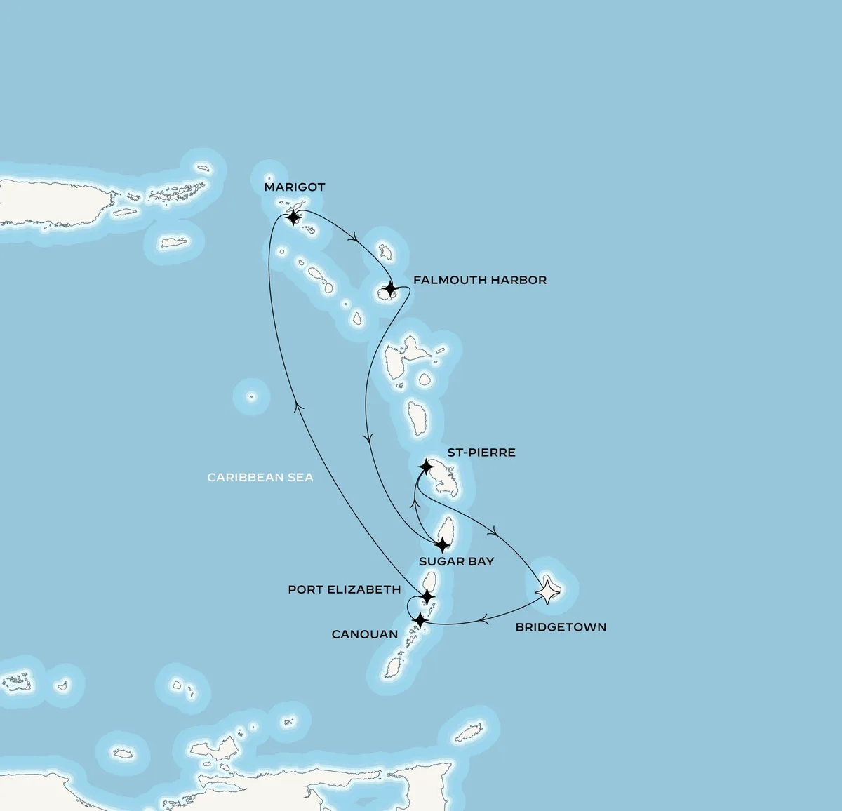 Orient Express Corinthian route map from Bridgetown, Barbados to Bridgetown, Barbados, March 5-13, 2027, voyage CO270305BGIBGI