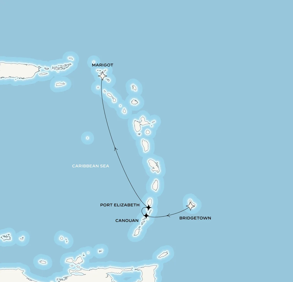 Orient Express Corinthian route map from Bridgetown, Barbados to Marigot, Saint-Martin, March 5-9, 2027, voyage CO270305BGIMAR