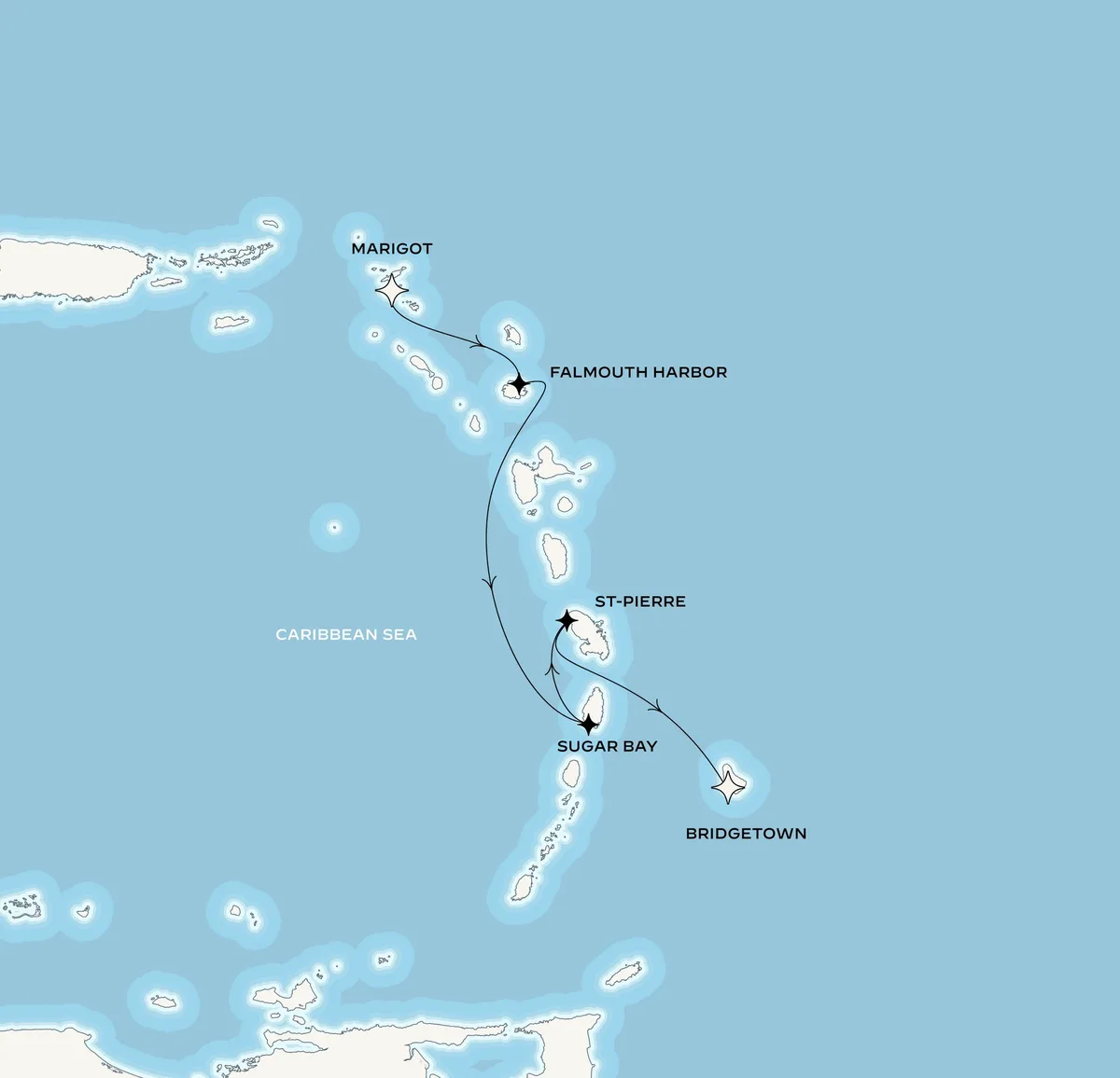 Orient Express Corinthian route map from Marigot, Saint-Martin to Bridgetown, Barbados, March 9-13, 2027, voyage CO270309MARBGI