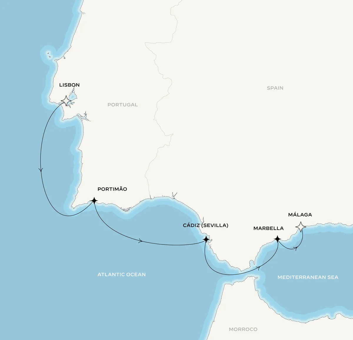 Orient Express Corinthian route map from Lisbon, Portugal to Málaga, Spain, March 19-25, 2027, voyage CO270319LISAGP