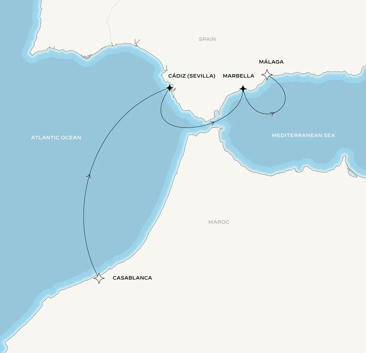 Orient Express Corinthian route map from Casablanca, Morocco to Málaga, Spain, March 31-April 4, 2027, voyage CO270331CASAGP