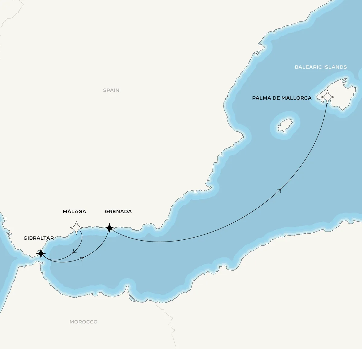 Orient Express Corinthian route map from Málaga, Spain to Palma de Mallorca, Spain, April 4-9, 2027, voyage CO270404AGPPMI