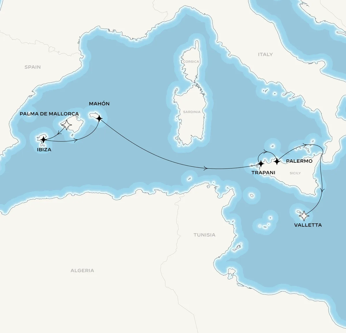 Orient Express Corinthian route map from Palma de Mallorca, Spain to Valletta, Malta, April 9-16, 2027, voyage CO270409PMIMLA