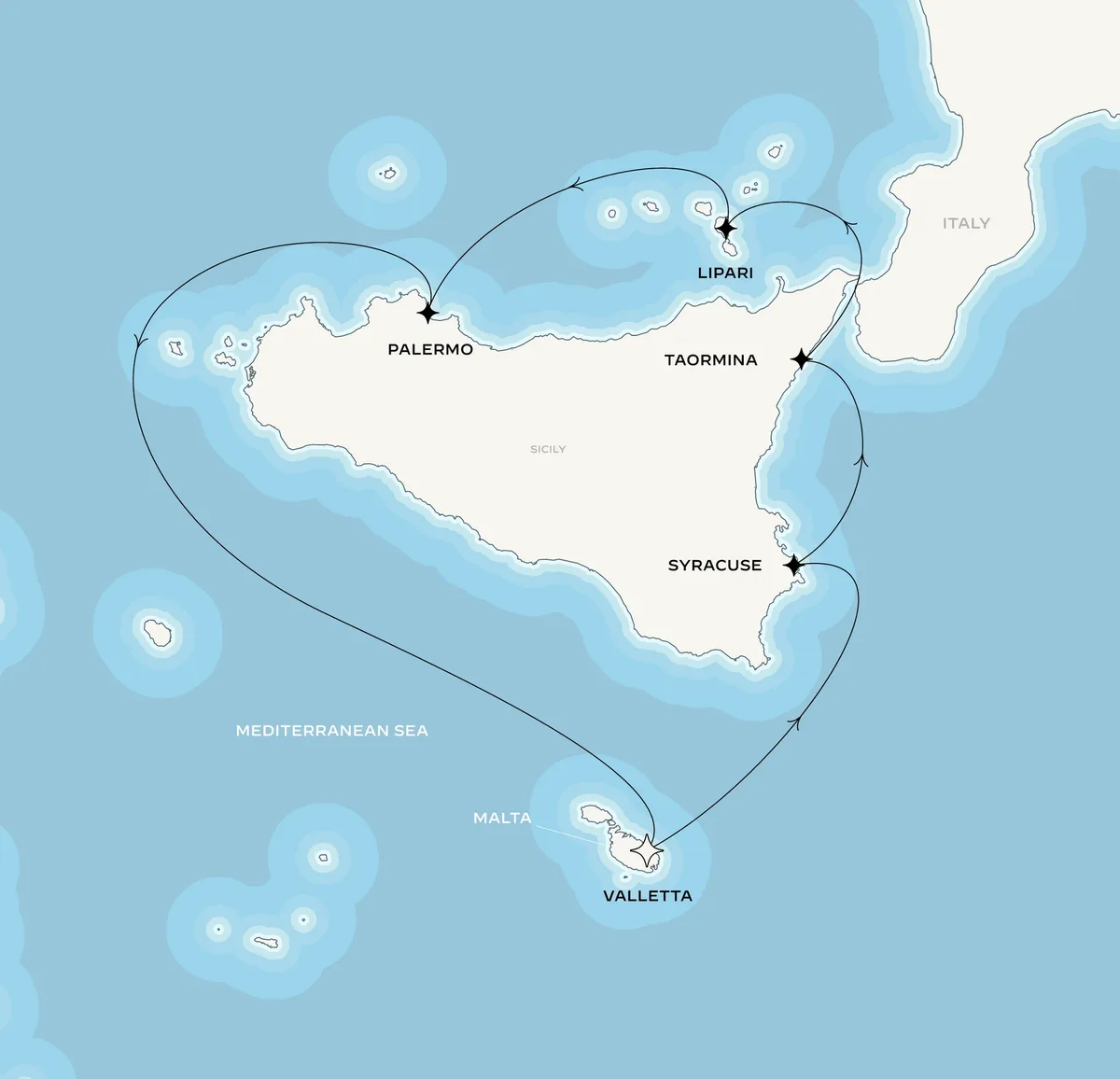 Orient Express Corinthian route map from Valletta, Malta to Valletta, Malta, April 16-23, 2027, voyage CO270416MLAMLA