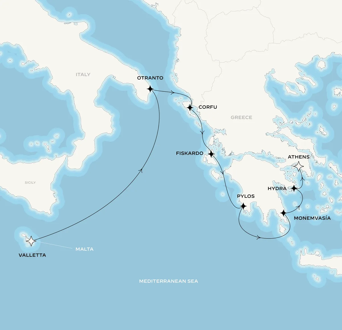 Orient Express Corinthian route map from Valletta, Malta to Athens (Piraeus), Greece, April 23-May 1, 2027, voyage CO270423MLAPIR