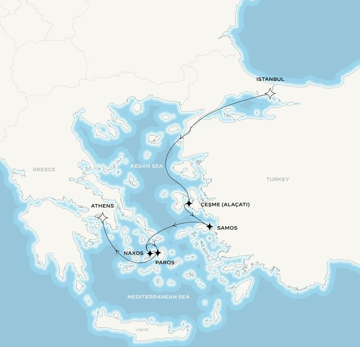 Orient Express Corinthian route map from Istanbul, Turkey to Athens (Piraeus), Greece, May 8-15, 2027, voyage CO270508ISTPIR