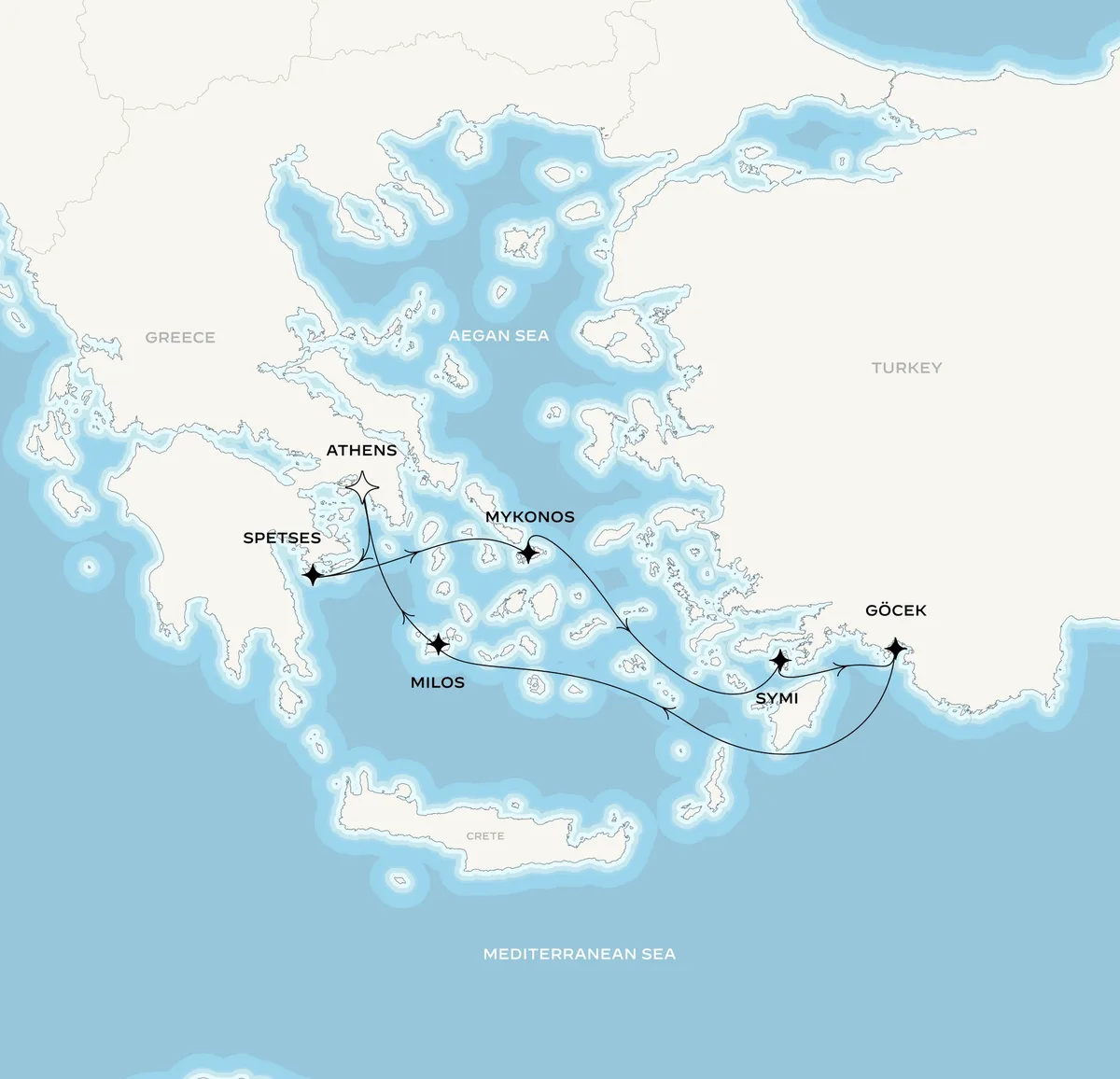 Orient Express Corinthian route map from Athens (Piraeus), Greece to Athens (Piraeus), Greece, May 15-22, 2027, voyage CO270515PIRPIR
