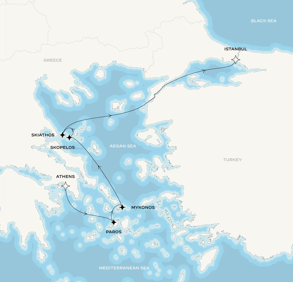 Orient Express Corinthian route map from Athens (Piraeus), Greece to Istanbul, Turkey, May 22-29, 2027, voyage CO270522PIRIST