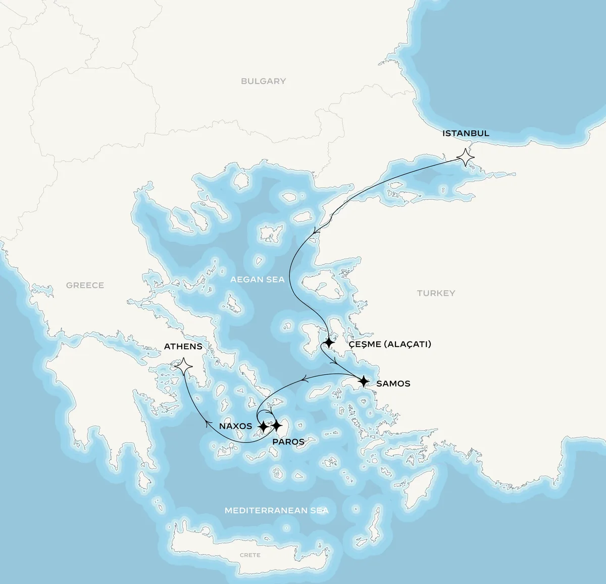 Orient Express Corinthian route map from Istanbul, Turkey to Athens (Piraeus), Greece, May 29-June 5, 2027, voyage CO270529ISTPIR