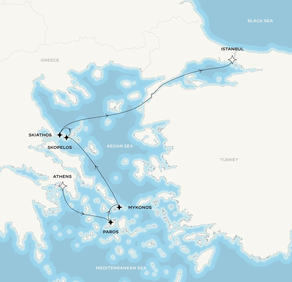 Orient Express Corinthian route map from Athens (Piraeus), Greece to Istanbul, Turkey, June 5-12, 2027, voyage CO270605PIRIST