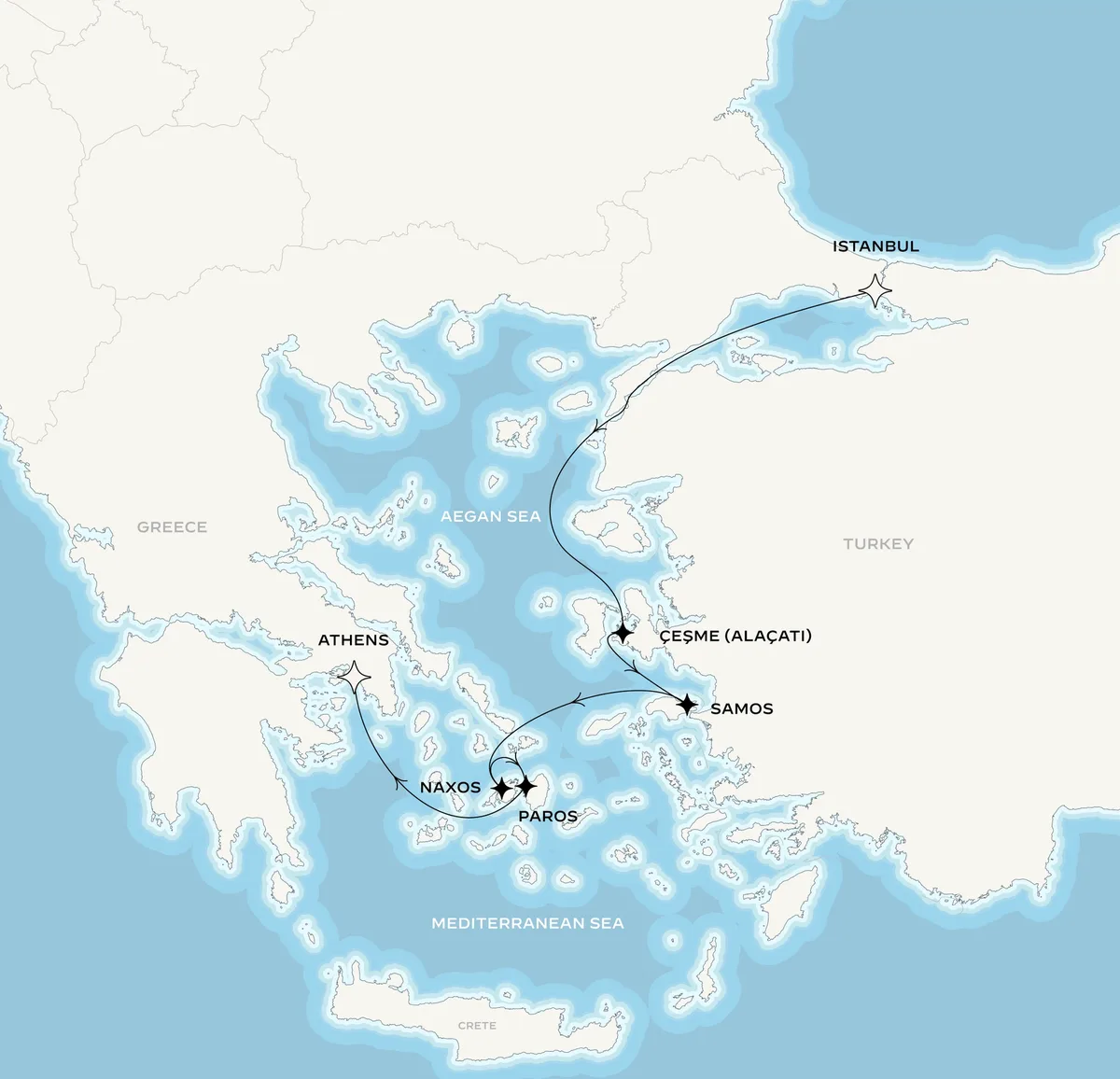 Orient Express Corinthian route map from Istanbul, Turkey to Athens (Piraeus), Greece, June 12-19, 2027, voyage CO270612ISTPIR