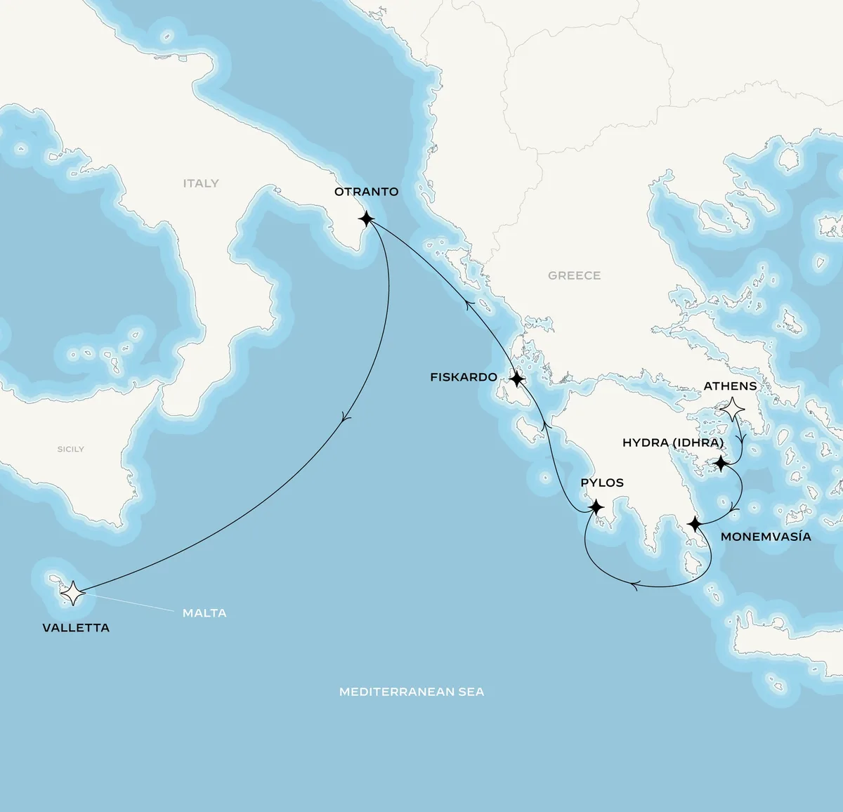 Orient Express Corinthian route map from Athens (Piraeus), Greece to Valletta, Malta, June 19-26, 2027, voyage CO270619PIRMLA