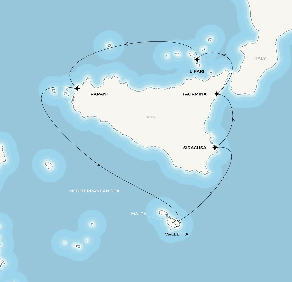 Orient Express Corinthian route map from Valletta, Malta to Valletta, Malta, June 26-July 3, 2027, voyage CO270626MLAMLA