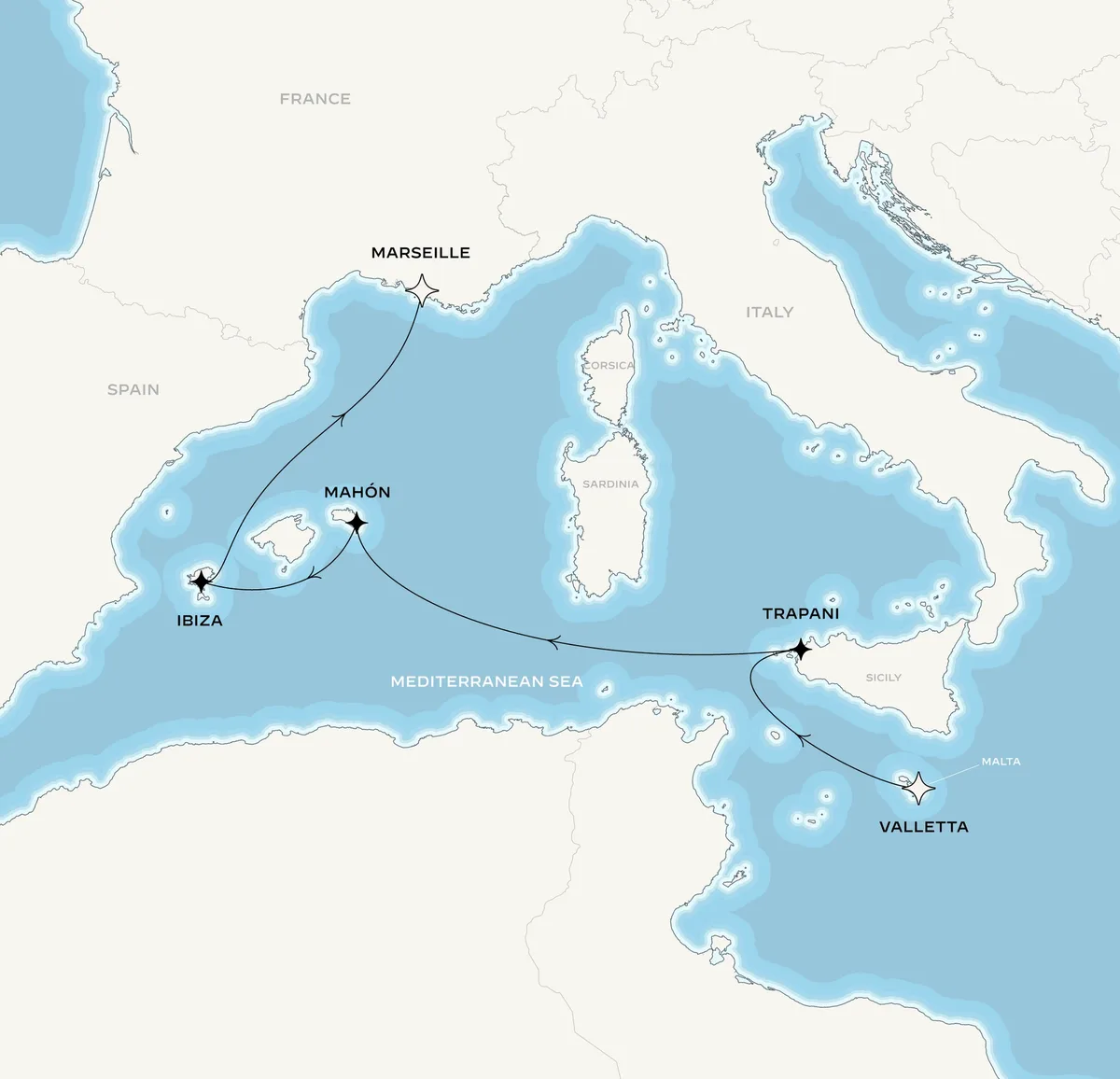 Orient Express Corinthian route map from Valletta, Malta to Marseille, France, July 3-11, 2027, voyage CO270703MLAMRS
