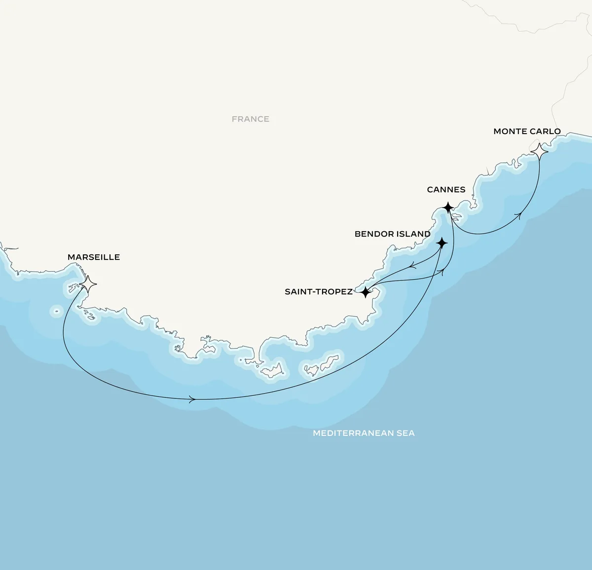 Orient Express Corinthian route map from Marseille, France to Monte-Carlo, Monaco, July 11-17, 2027, voyage CO270711MRSMON