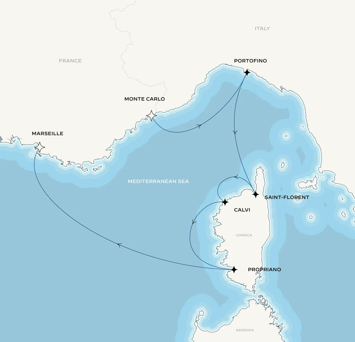 Orient Express Corinthian route map from Monte-Carlo, Monaco to Marseille, France, July 17-24, 2027, voyage CO270717MONMRS