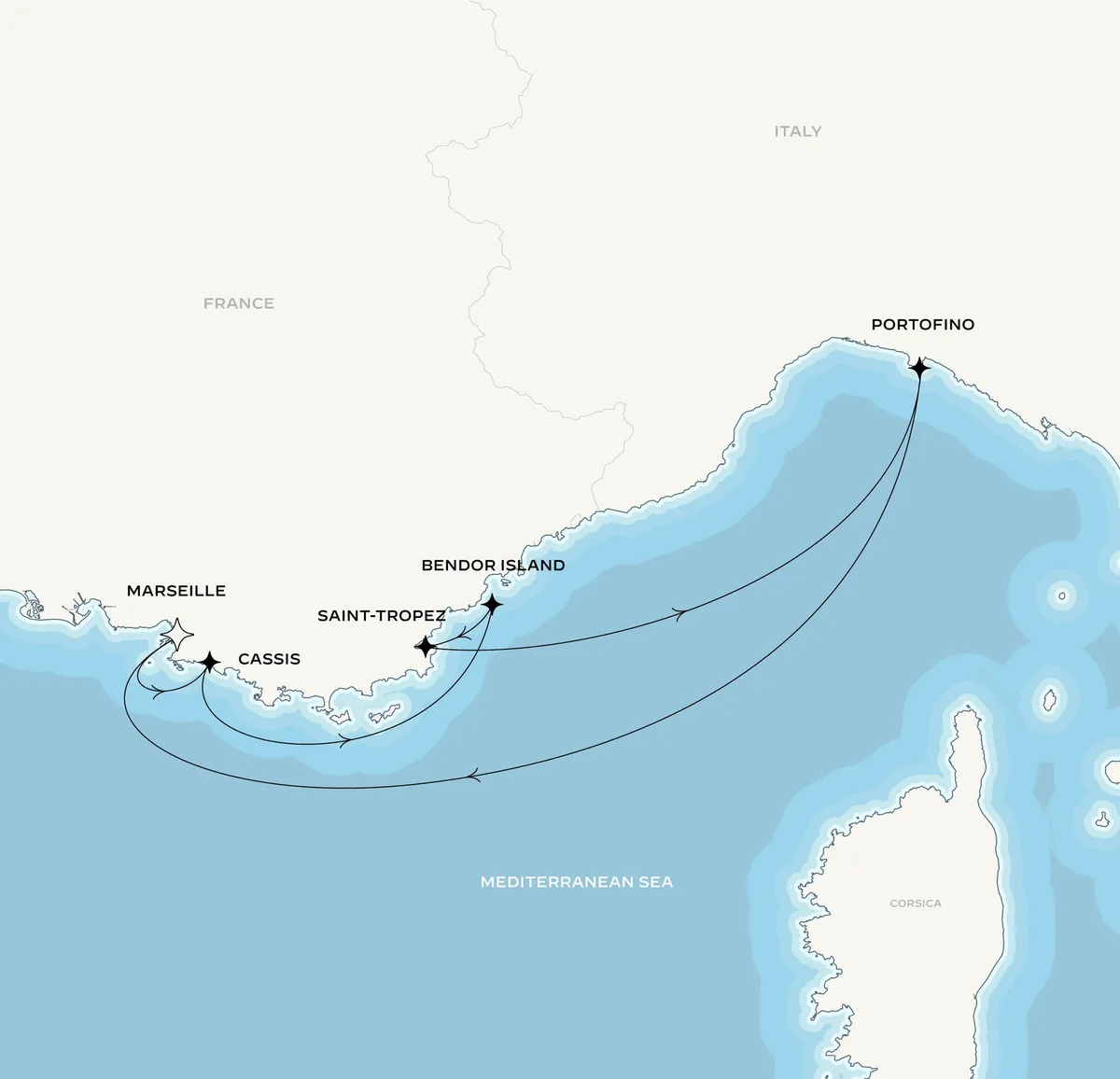 Orient Express Corinthian route map from Marseille, France to Marseille, France, July 24-30, 2027, voyage CO270724MRSMRS