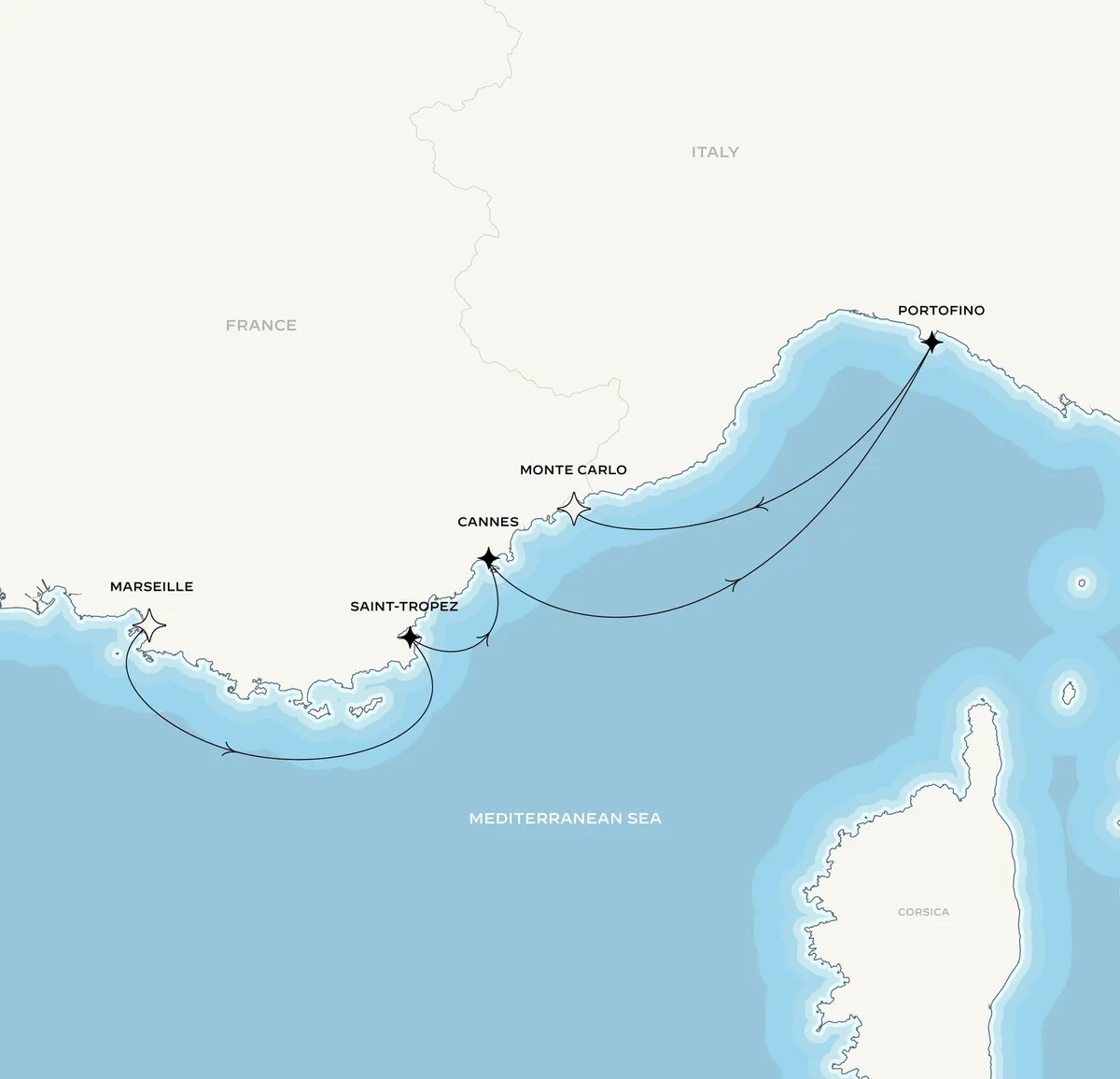 Orient Express Corinthian route map from Marseille, France to Monte-Carlo, Monaco, July 30-August 4, 2027, voyage CO270730MRSMON