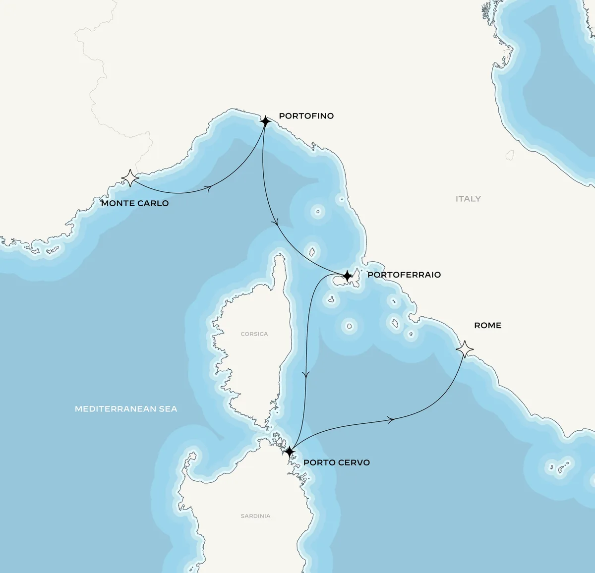 Orient Express Corinthian route map from Monte-Carlo, Monaco to Rome (Civitavecchia), Italy, August 4-10, 2027, voyage CO270804MONCVV