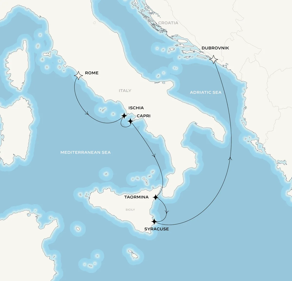 Orient Express Corinthian route map from Rome (Civitavecchia), Italy to Dubrovnik, Croatia, August 10-18, 2027, voyage CO270810CVVDBV