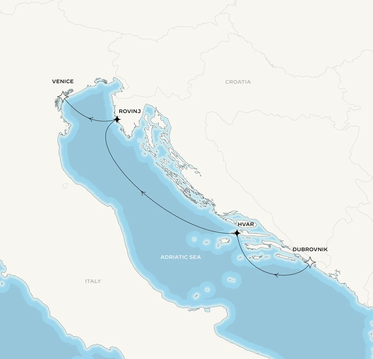 Orient Express Corinthian route map from Dubrovnik, Croatia to Venice (Fusina), Italy, August 18-21, 2027, voyage CO270818DBVVCE