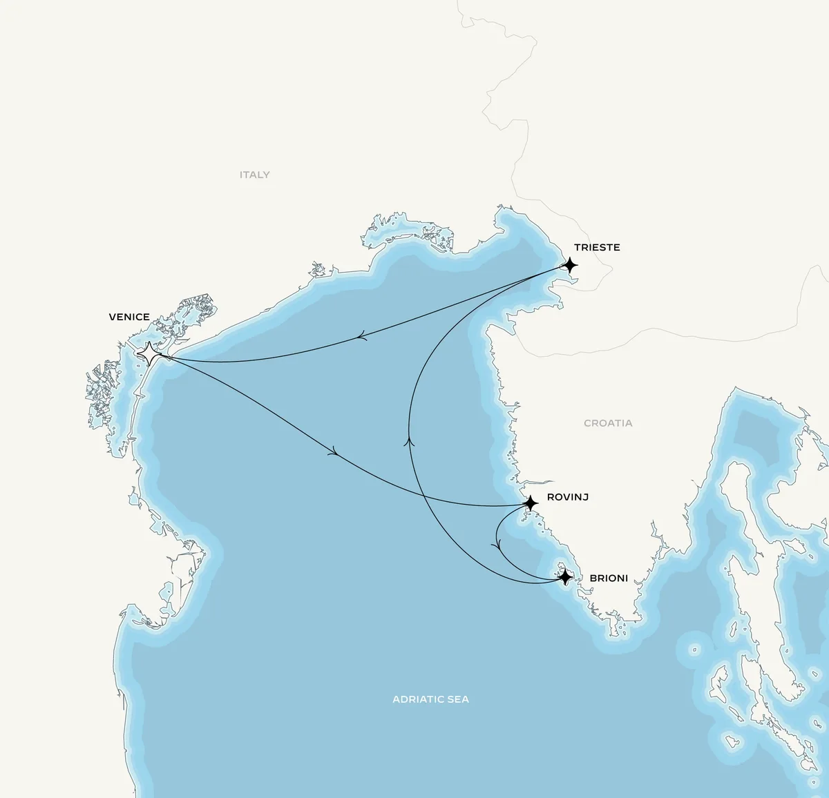 Orient Express Corinthian route map from Venice (Fusina), Italy to Venice (Fusina), Italy, August 21-25, 2027, voyage CO270821VCEVCE