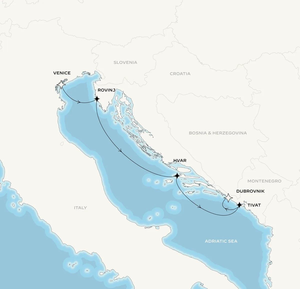 Orient Express Corinthian route map from Venice (Fusina), Italy to Dubrovnik, Croatia, September 5-9, 2027, voyage CO270905VCEDBV