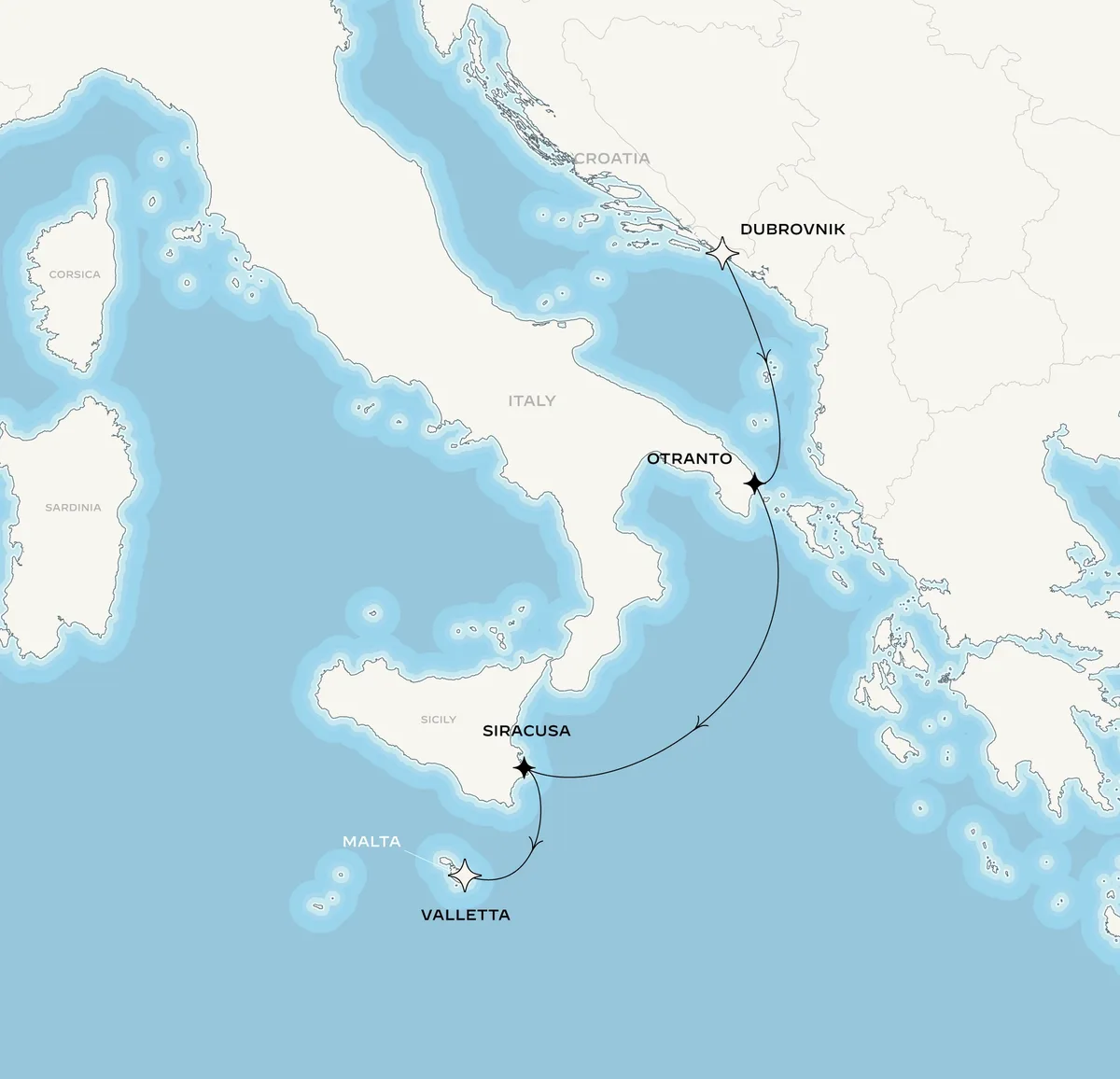 Orient Express Corinthian route map from Dubrovnik, Croatia to Valletta, Malta, September 9-13, 2027, voyage CO270909DBVMLA