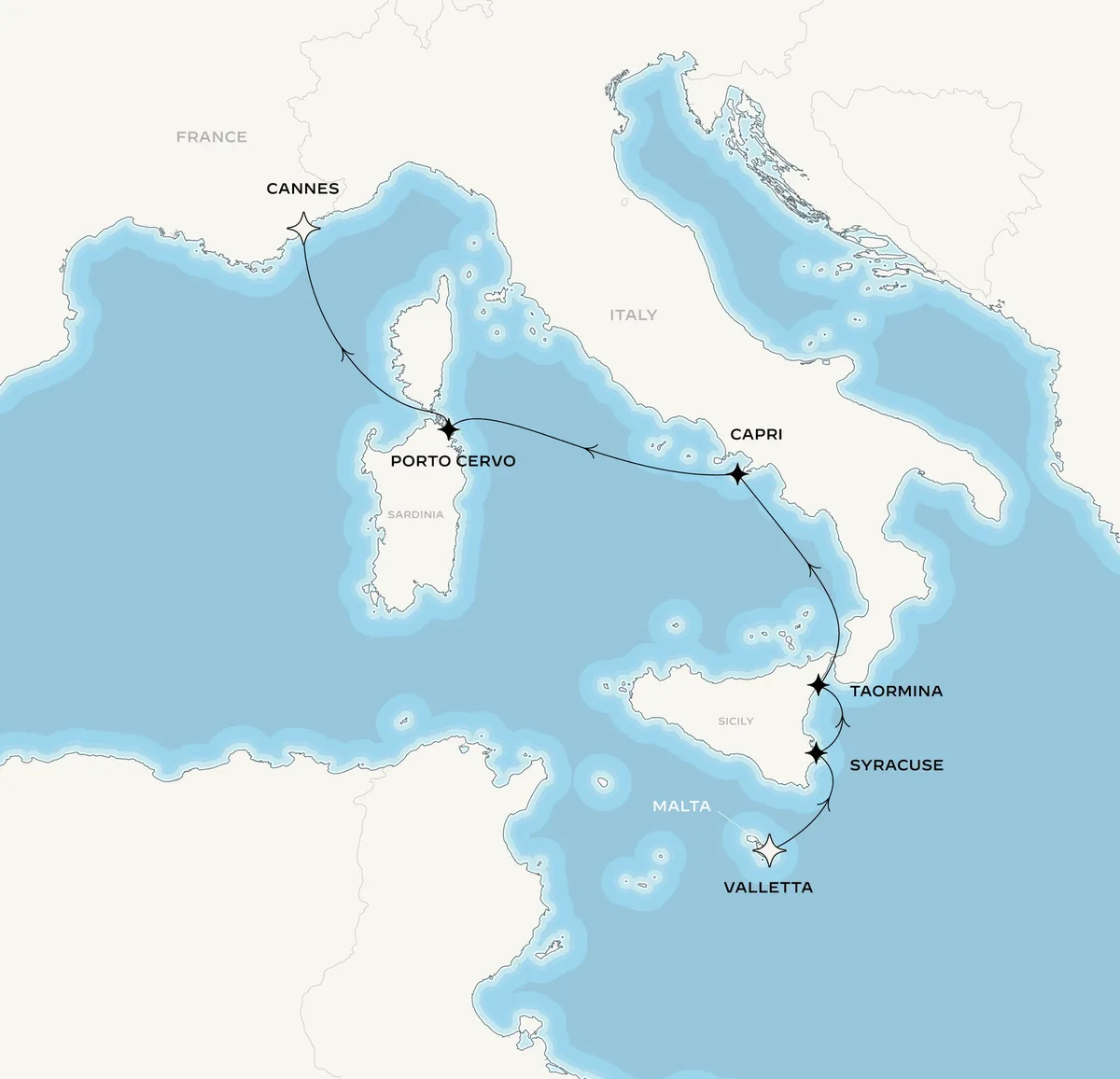 Orient Express Corinthian route map from Valletta, Malta to Cannes, France, September 13-21, 2027, voyage CO270913MLACEQ