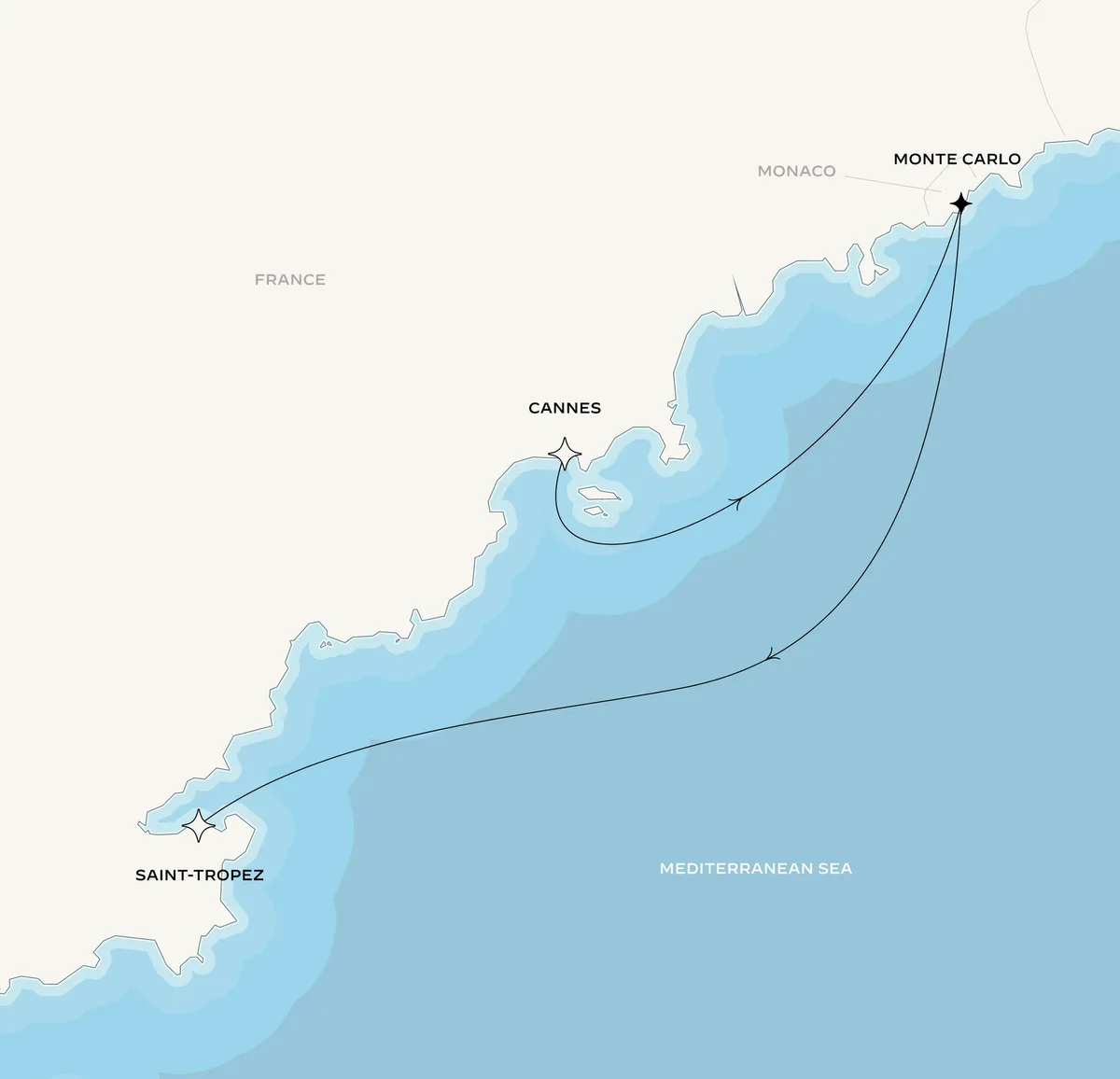 Orient Express Corinthian route map from Cannes, France to Saint-Tropez, France, September 21-26, 2027, voyage CO270921CEQSTP