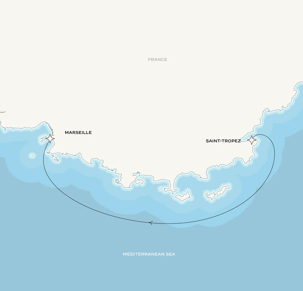 Orient Express Corinthian route map from Saint-Tropez, France to Marseille, France, September 30-October 3, 2027, voyage CO270930STPMRS