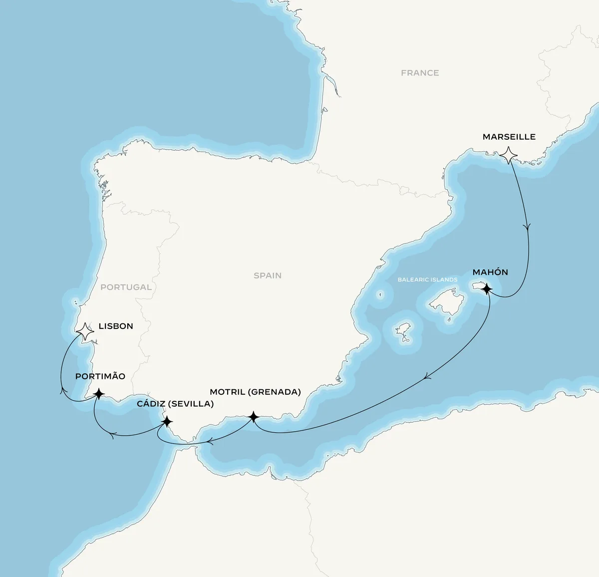 Orient Express Corinthian route map from Marseille, France to Lisbon, Portugal, October 3-9, 2027, voyage CO271003MRSLIS