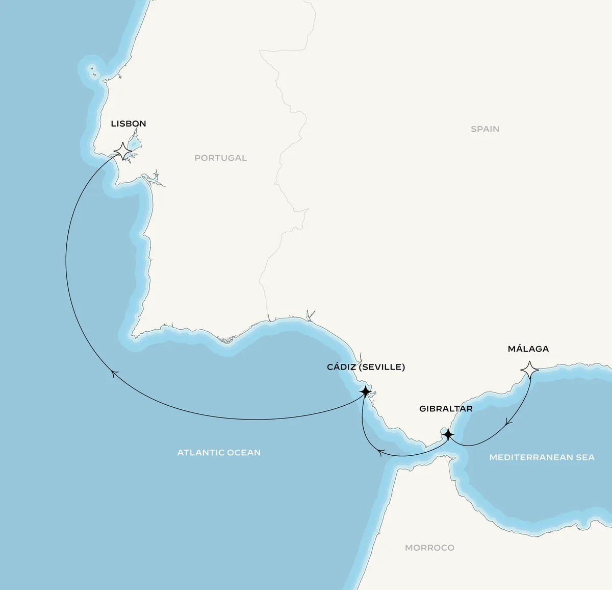Orient Express Corinthian route map from Málaga, Spain to Lisbon, Portugal, October 8-13, 2027, voyage CO271008AGPLIS