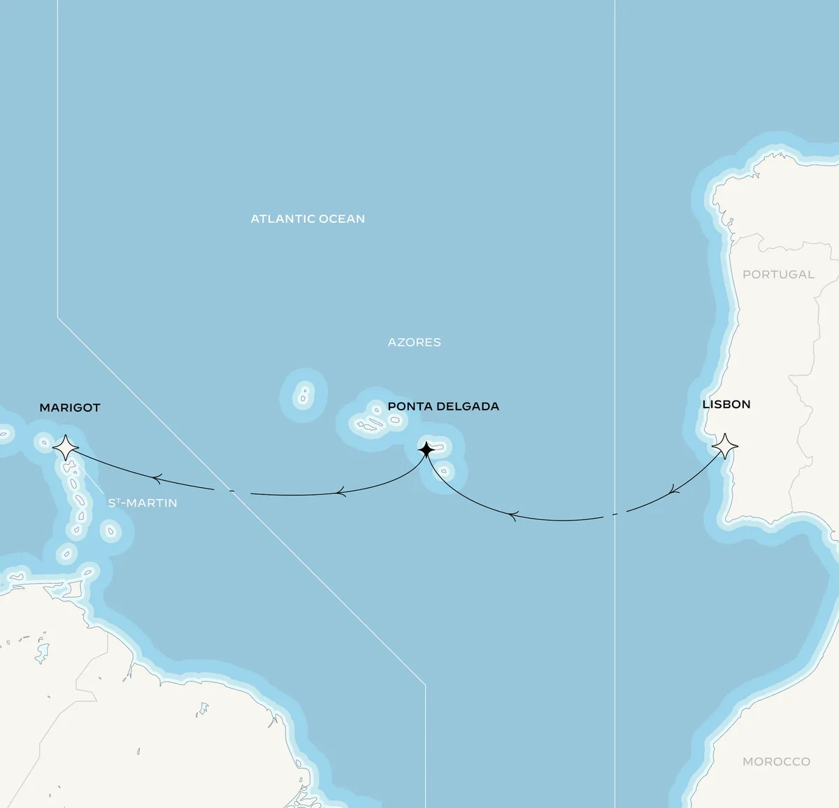 Orient Express Corinthian route map from Lisbon, Portugal to Marigot, Saint-Martin, October 9-22, 2027, voyage CO271009LISMAR