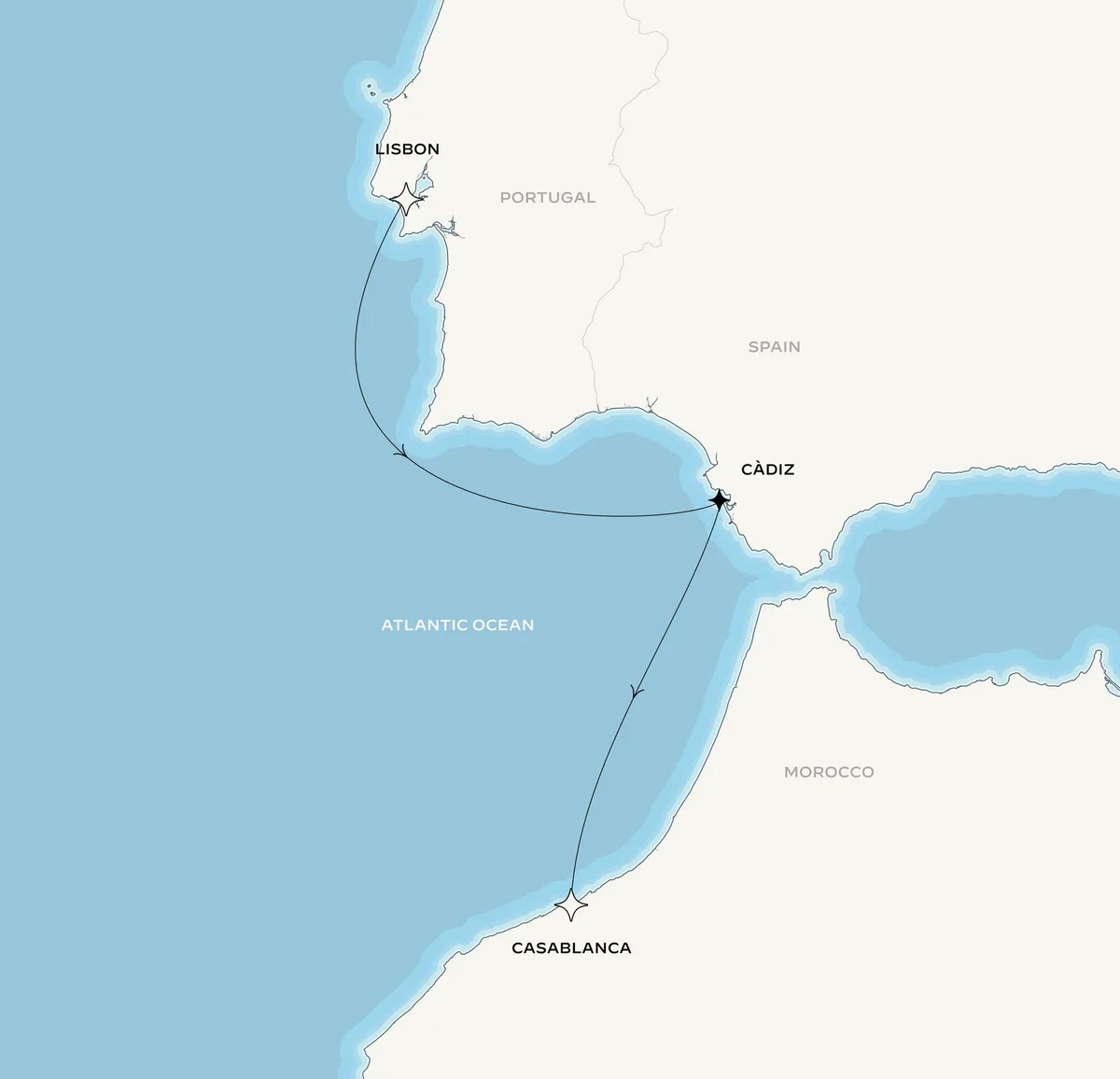 Orient Express Corinthian route map from Lisbon, Portugal to Casablanca, Morocco, October 14-18, 2027, voyage CO271014LISCAS