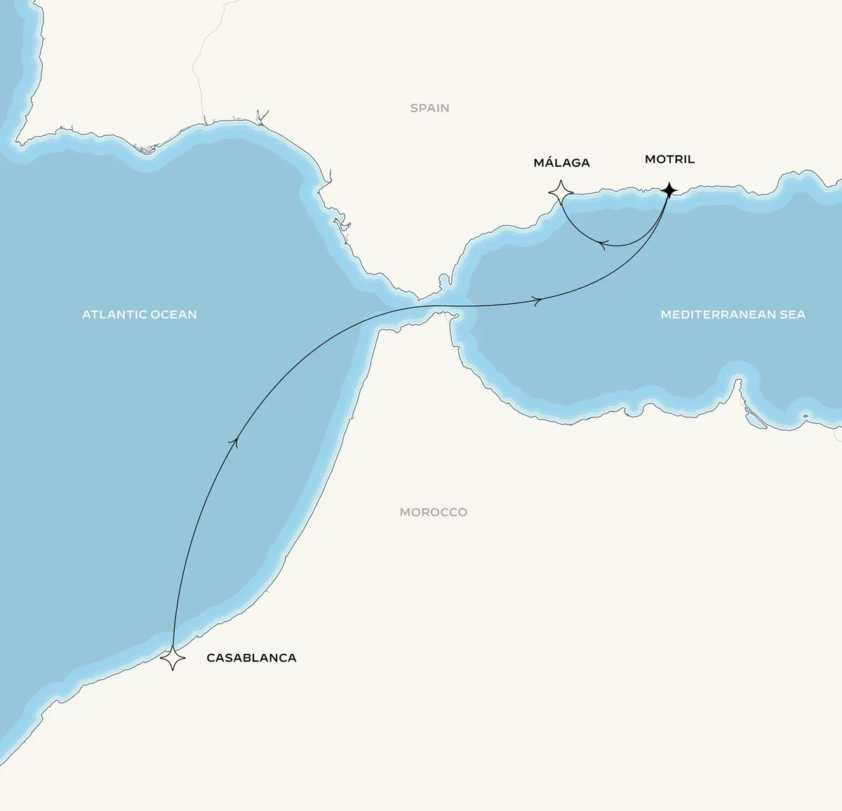 Orient Express Corinthian route map from Casablanca, Morocco to Málaga, Spain, October 18-23, 2027, voyage CO271018CASAGP