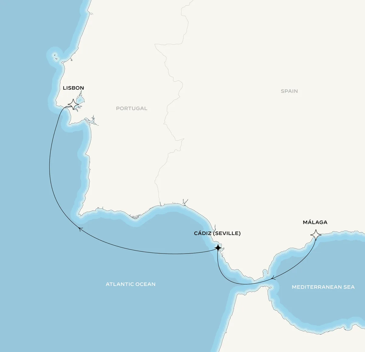 Orient Express Corinthian route map from Málaga, Spain to Lisbon, Portugal, October 23-27, 2027, voyage CO271023AGPLIS